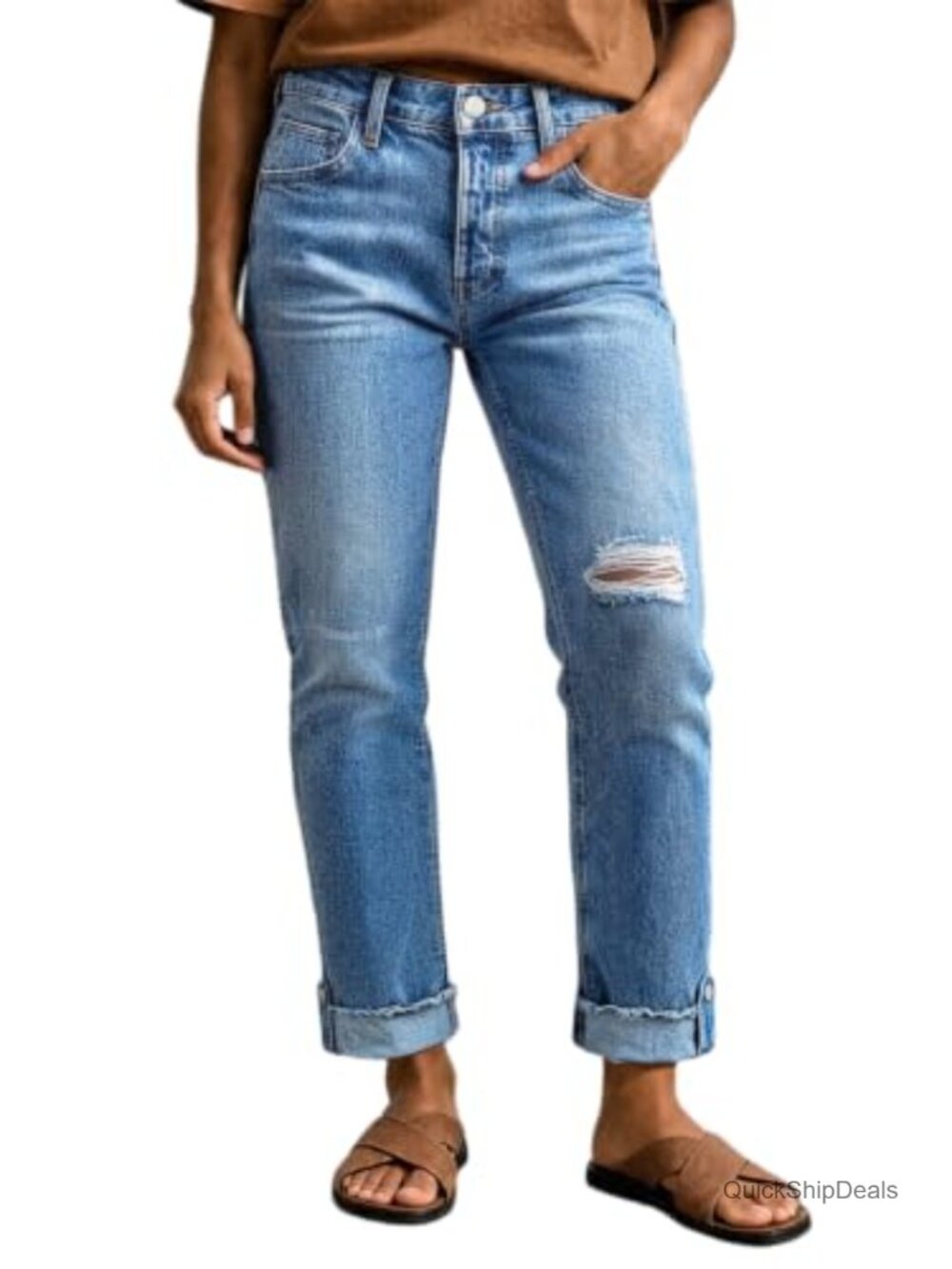 Mid Rise Straight Leg Crop Jeans Women Stretch Denim Distressed Ripped Hem